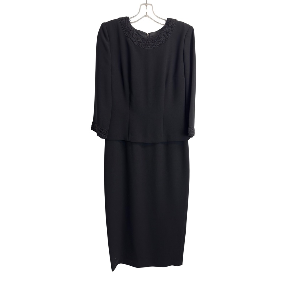 Vintage Donna Morgan 6 Black Soutache Beaded Faux 2-Piece Midi Dress 3/4 Sleeve